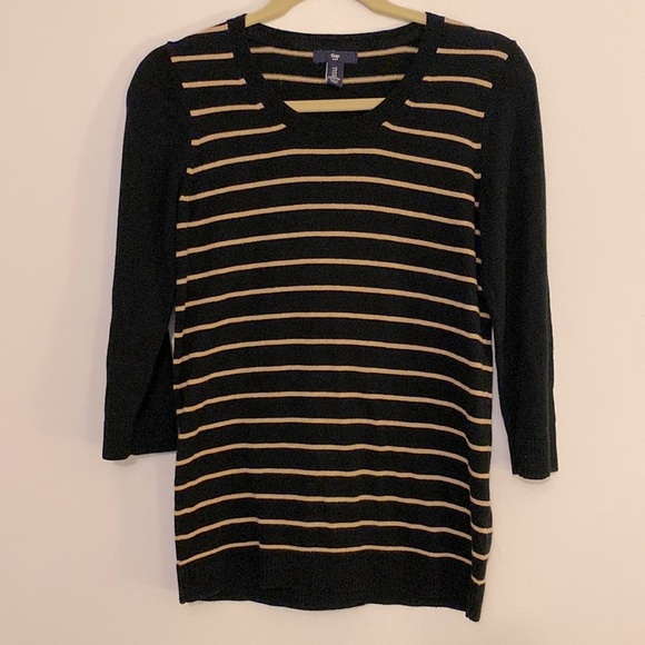 Gap 3/4 Sleeve 100% Cotton Black and Tan Striped Sweater - Picture 3 of 6